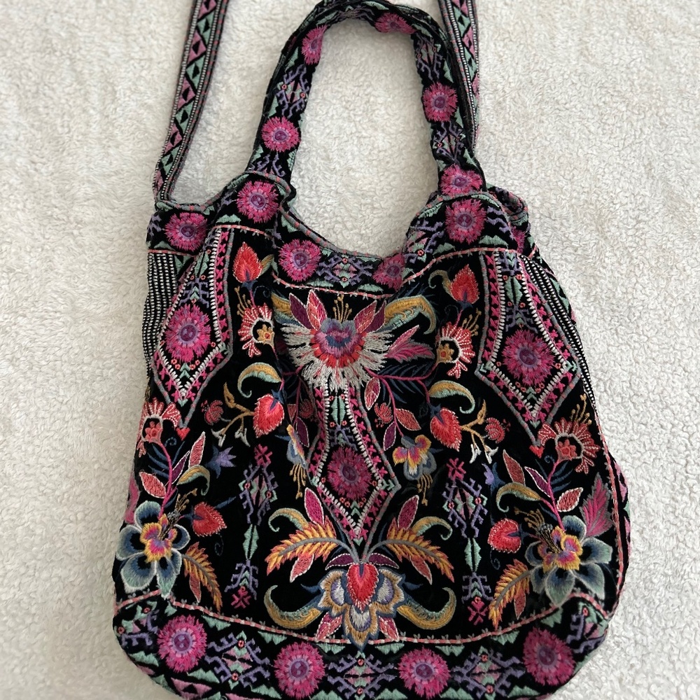 Johnny Was Embroidered Velvet Tote with both handles and shoulder strap
